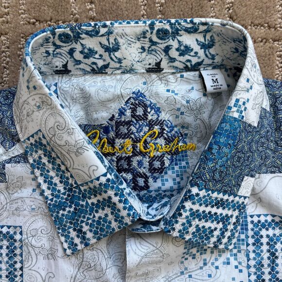 Robert Graham Player Classic Fit Button Down Shirt Mens M White Blue Flip Cuff - Picture 3 of 12
